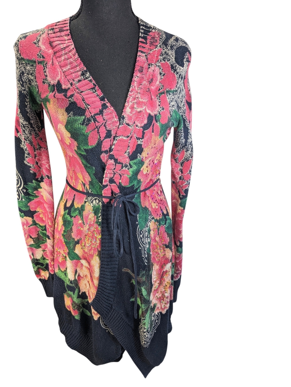 Desigual Black Floral Wrap Cardigan with Pink & Green Accents Sequins Size XS
